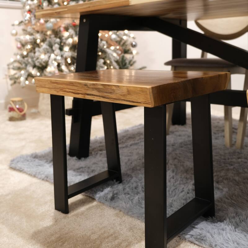 Greenage Pieced Teak Rectangle Bench Rustic Metal Seating Chair