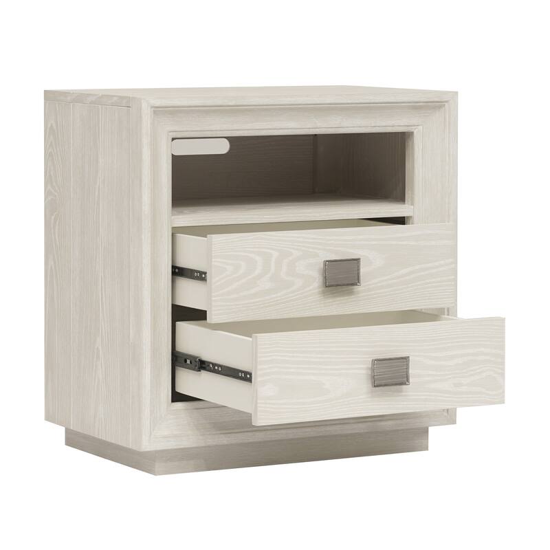 Maxi 28 Inch Nightstand, 2 Drawers, USB Charger, Metal Handles, Beige Wood
