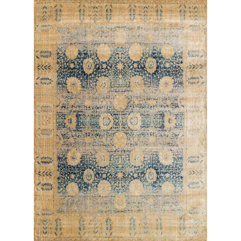 Alexander Home Contessa Traditional Floral Distressed Border Rug - 9'6" x 13' - Blue/Gold - Rectangle