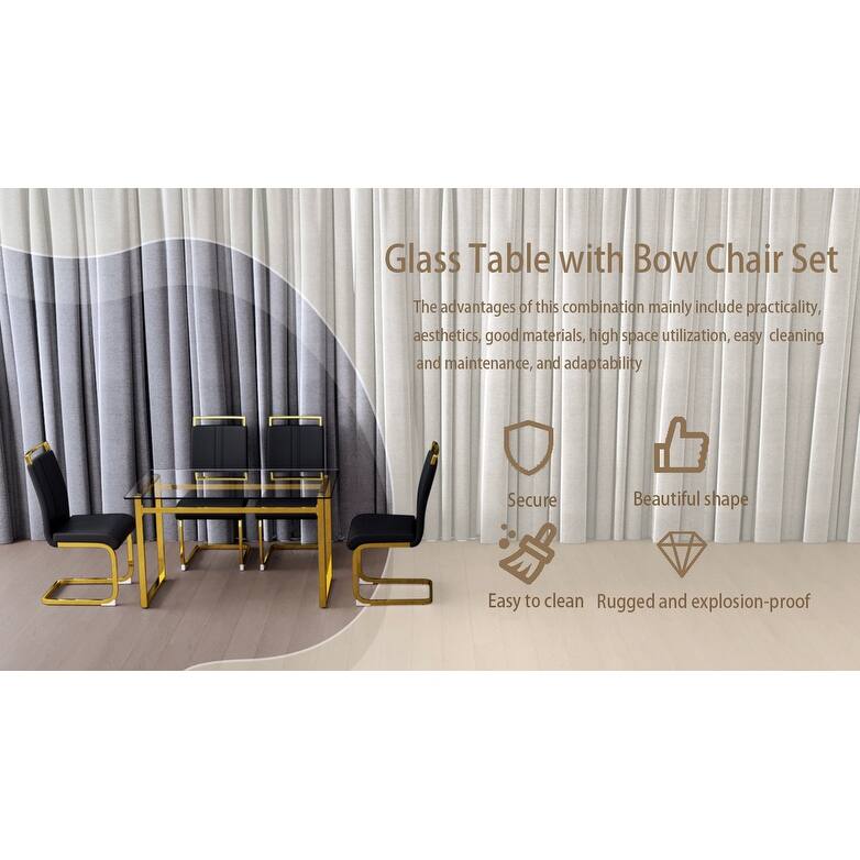 5-Piece Glass Dining Table Set with Gold Metal Legs and 4 PU Upholstered Chairs