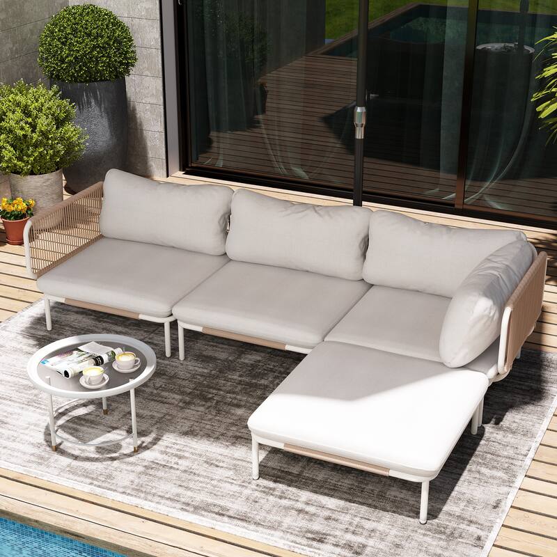Pellebant Outdoor Sectional Sofa Patio Conversation Seating Set - Set of 4 - Beige - 4PC with 8 Armrest