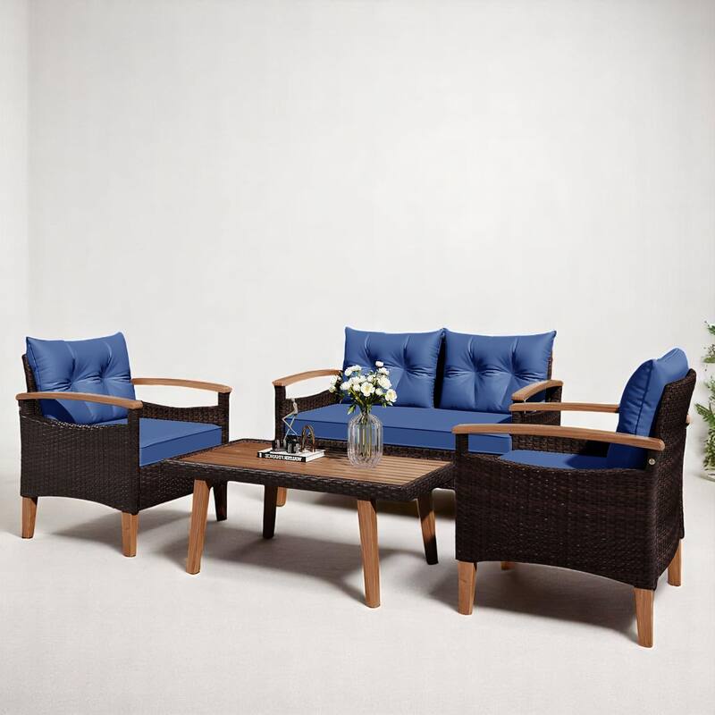 4-Piece Outdoor Wicker Sofa Set with Armrests, Coffee Table, Cushions, Pillows, and Protective Cover,outdoor Patio Furniture set