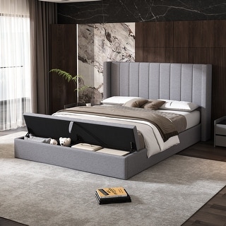 Queen Upholstered Platform Bed with Headboard and Large Storage Compartment