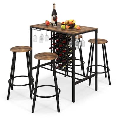 Costway 5PCS Bar Table & Stools Set Industrial Bistro Set with Wine