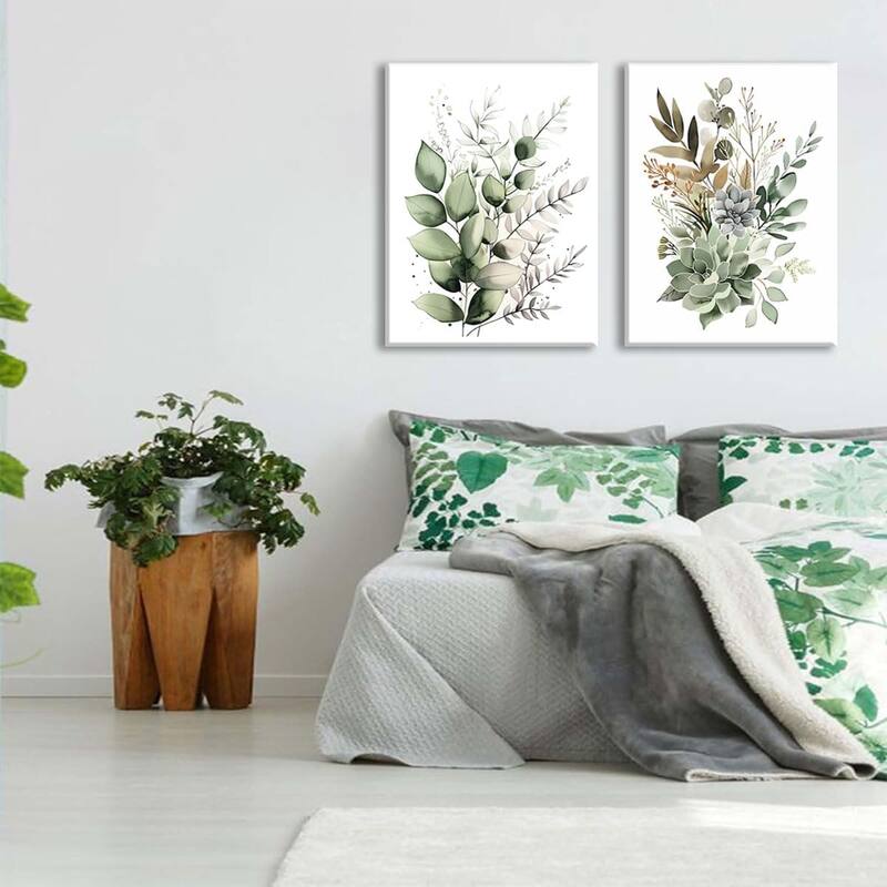 Set of 3 Framed Sage Green Painting Eucalyptus Leaf Picture Modern