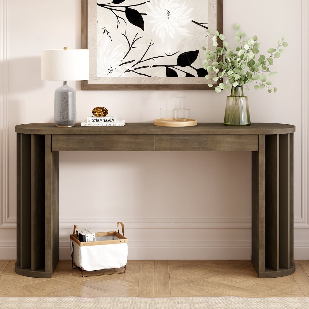 59 Inch Curved Console Table Entryway Table with 2 Drawers, Farmhouse Long Accent Table Side Table Behind the Couch