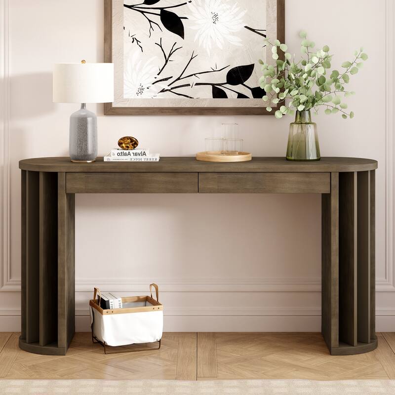 59 Inch Extra Long Entryway Sofa Table, Vintage OAK Veneer Console Table with 2 Storage Drawers and Fan Shaped Legs