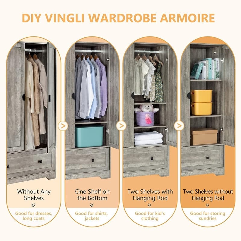 Grey Armoire Wardrobe Closet with Hanging Rod