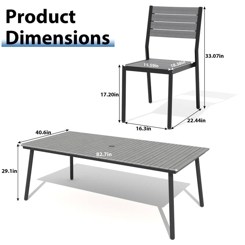 9-Piece Outdoor Patio Dining Set Wood-Like Table Top Alumium Umbrella Hole Table with Stackable Armless Chairs