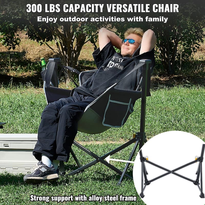 Steel Rocking Hammock Folding Chair with Cushion and Side Pocket - 27.55” L x 35.82” W x 36.02” H