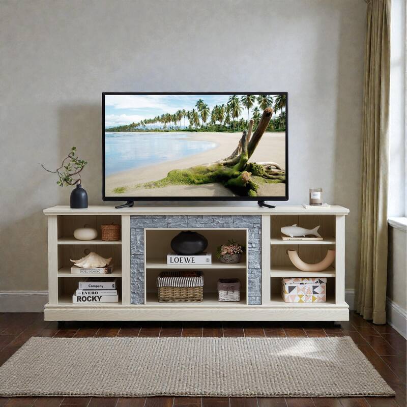 70 Inch TV Stand for TVs up to 75 Inch, Media Console with Faux Stacked Stone Surround, Storage Cabinet & Cable Management