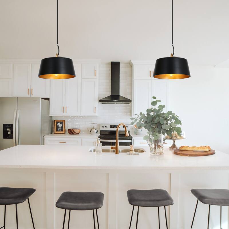 Patiy 10.6inch Modern Black Metal Dome Pendant Lights Industrial Drum Brass for Kitchen Island - D 10.6'' x H 67''