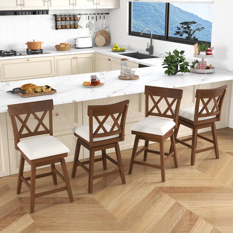 Gymax 26'' Bar Stool Wooden Chair Set of 3 w/Contoured Backrest Swivel