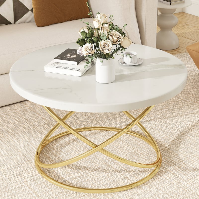 Tempered Glass Top Round Coffee Table with Metal Base - Wood-Gold Leg