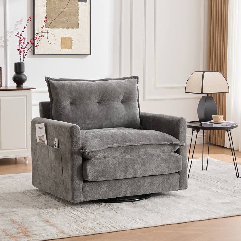 Swivel Barrel Chair - Mid Century Modern Chair, Thick Padded Arm Chair with Solid Metal Base, Comfortable Single Sofa Chair