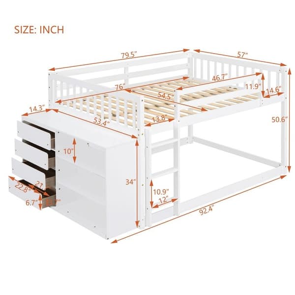 dimension image slide 3 of 6, Wood Bunk Bed with 4 Drawers and 3 Shelves