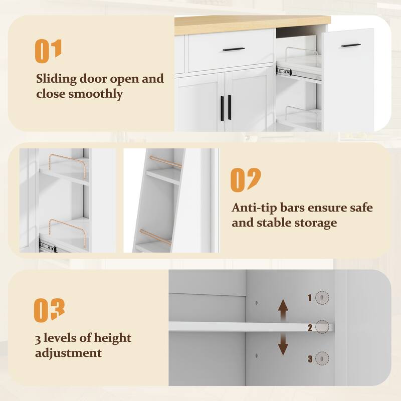 Anmytek White Kitchen Island Sideboard with Trash Can Storage Sliding Door Cabinet and 3-Tier Spice Rack