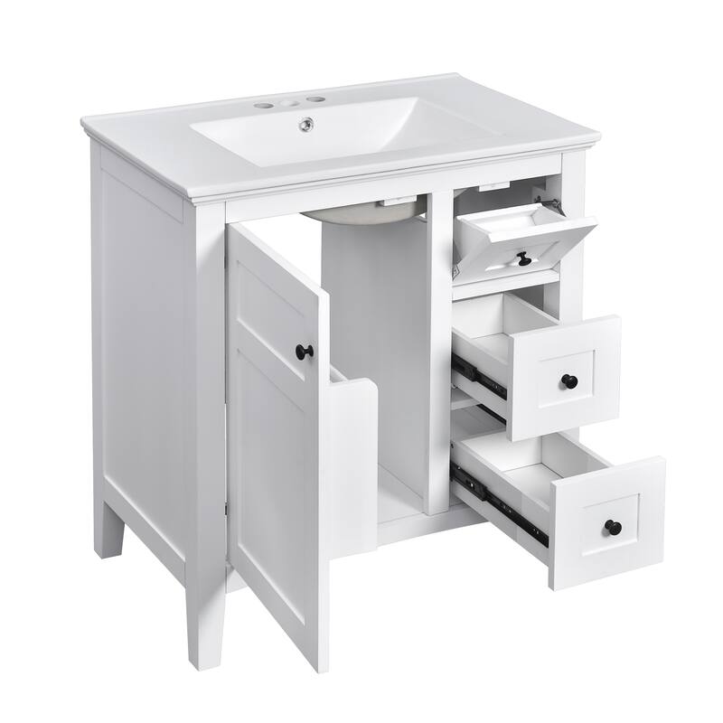 Modern Simple Bathroom Cabinet Freestanding Bathroom Vanity with Ceramic Sink, Tip-out Drawer, 2 Drawers and Side Door Organizer