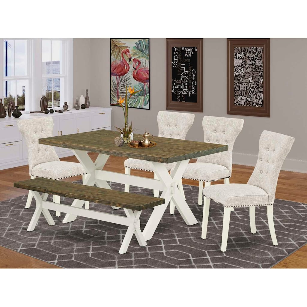 HomeStock 6-Pc Rectangle Distressed Jacobean Finish Solid Wood Top Dining Table with 1-Bench, 4-Chairs