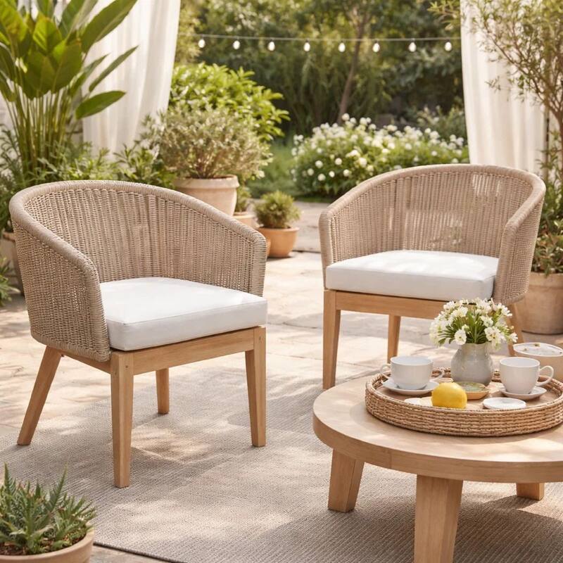 Dexi 24 Inch Set of 2 Dining Chairs, Acacia Wood Frame, Beige Woven Rope