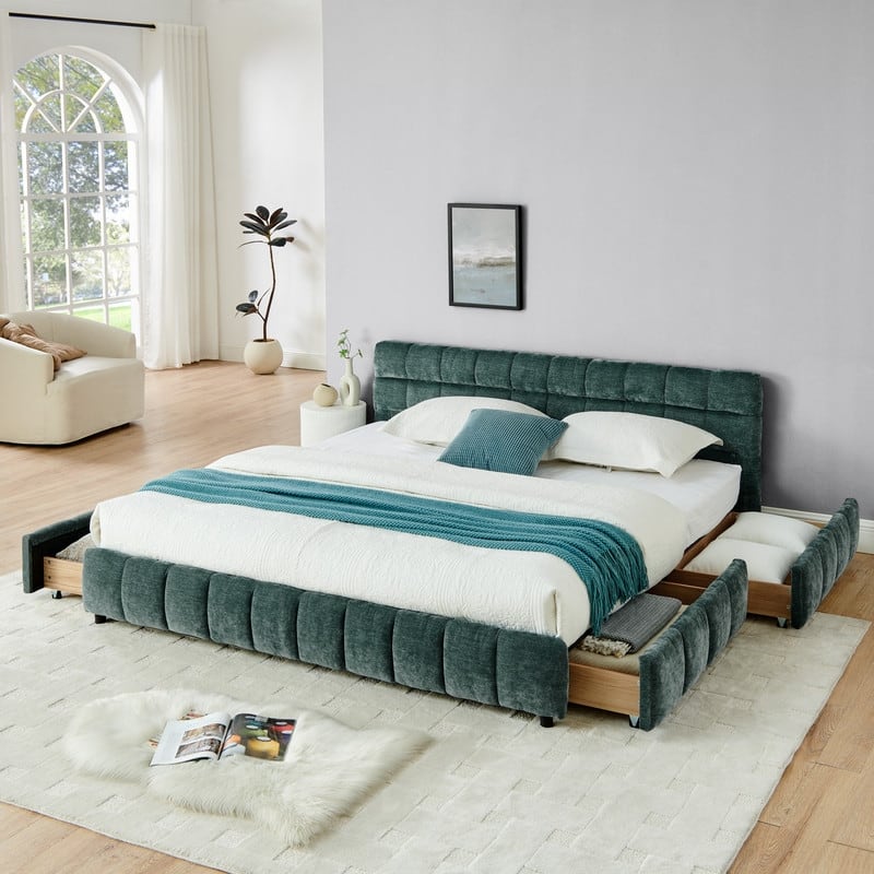 King Size Upholstered Platform Bed with Headboard and Drawer - Green