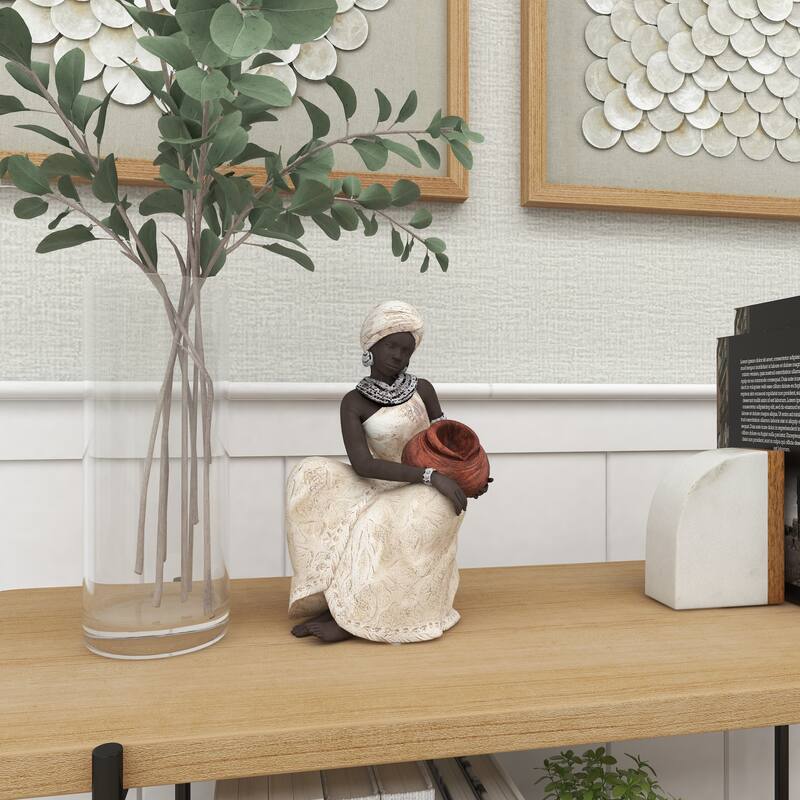 Cream Polystone Sitting African Woman Decorative Sculpture with Red Water Pot