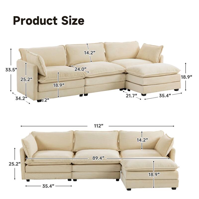 Oversized Modular Corduroy Sectional Sofa Set with Ottoman, 3-Seater / 4-Seater Deep Seat Lounge Couch for Living Room