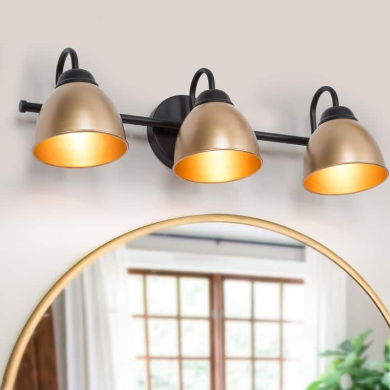 Modern Coastal 3-light LED Bathroom Bell Vanity Light Farmhouse Metal Shade Wall Sconces - L21.5"x W7"x H 6.5" - Gold&Black
