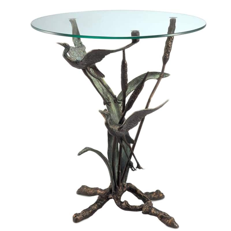 Cast Aluminum Crane Pair In Flight Glass Top End Table - 25 X 22 X 22 inches