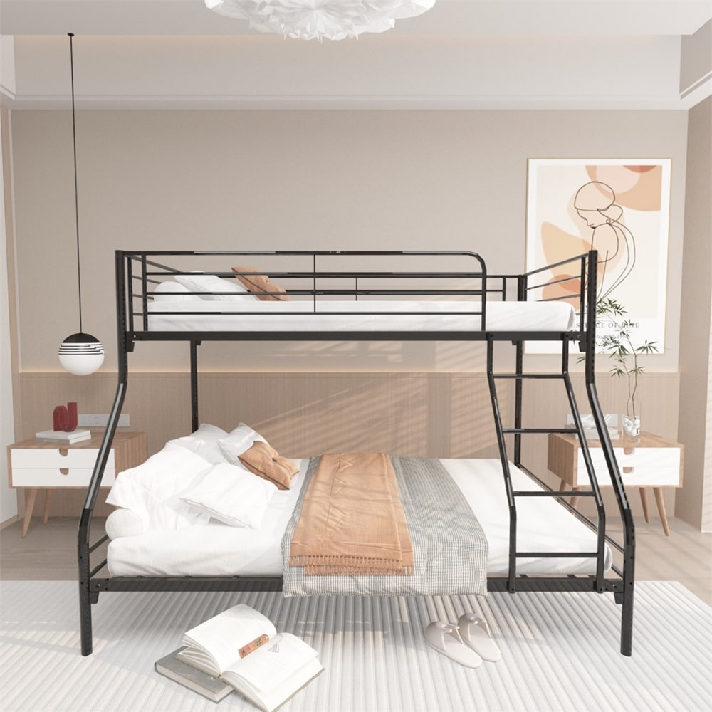 Black Heavy Duty TwinOverFull Metal Bunk Bed with Enhanced Guardrail, Black Bed Bath