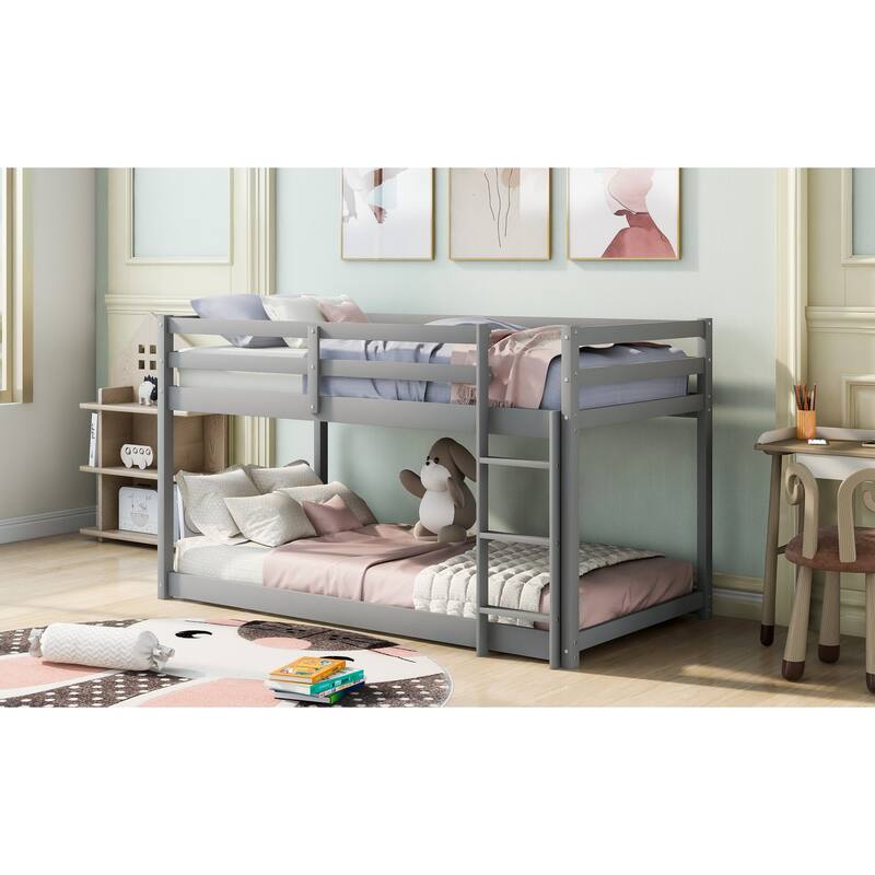 Twin Over Twin Floor Bunk Bed with Ladder, Gray - Solid Pine Wood, Low Design, Safety Guardrail