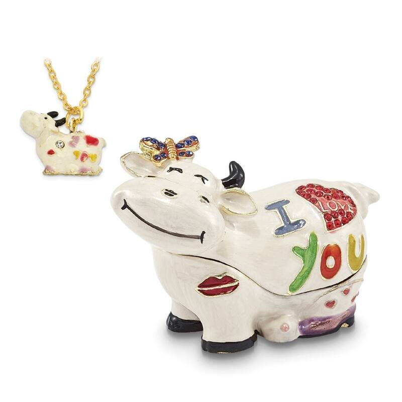 Curata Giftware Pewter Bejeweled Crystals Gold-Tone Enameled I Love You Cow Trinket Box on 18 Inch Necklace