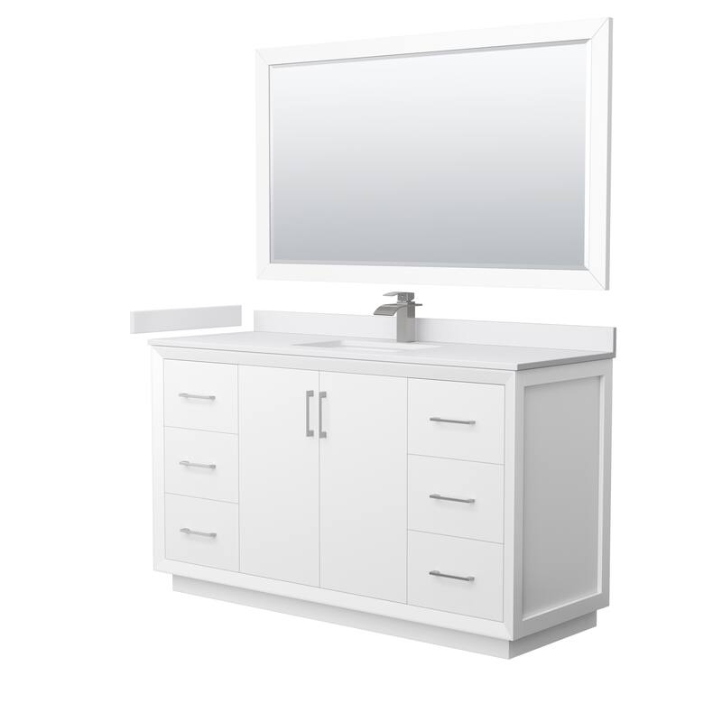 Strada 60-Inch Single Vanity Set, Cultured Marble Top, 58-Inch Mirror - White, Nickel Trim, White Cultured Marble Top