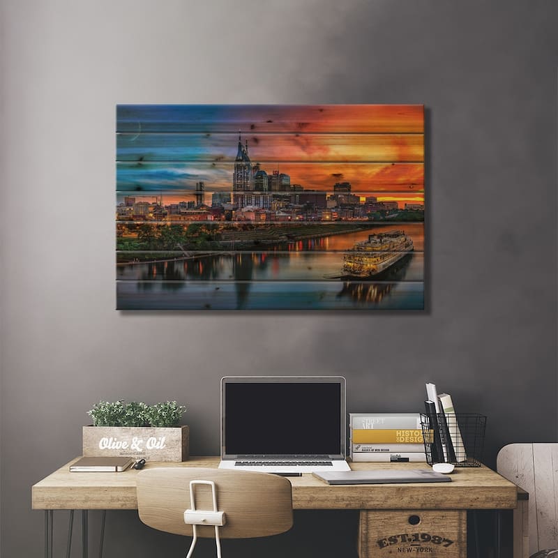 Southern Sky Sunset Over Nashville Print On Wood by Jonathan Ross Photography - Multi-Color