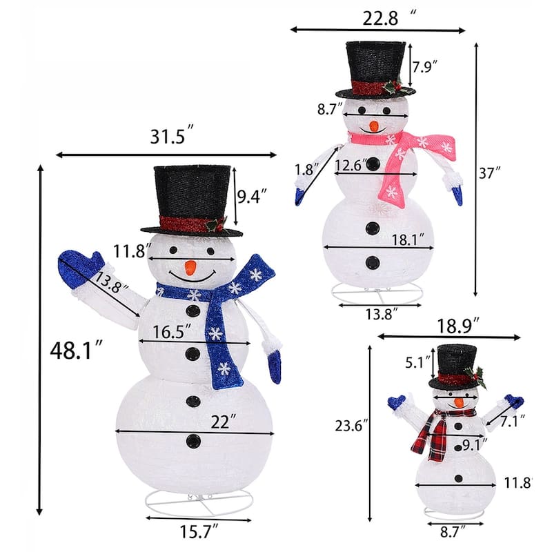 Set of 3 Snowman Family Lighted LED Winter Holiday Yard Decoration - White