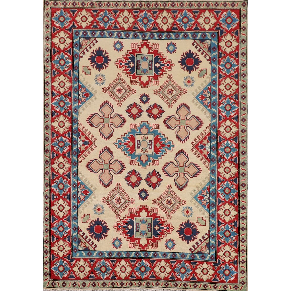 Kazak Area Rug Handmade Traditional Beige Wool Carpet - 5'0" x 7'11"