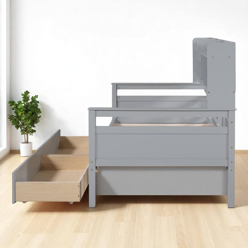 Wooden Twin/Full Daybed with 2 Storage Drawers and Bedside Shelves, No Box Spring Needed, Modern Design