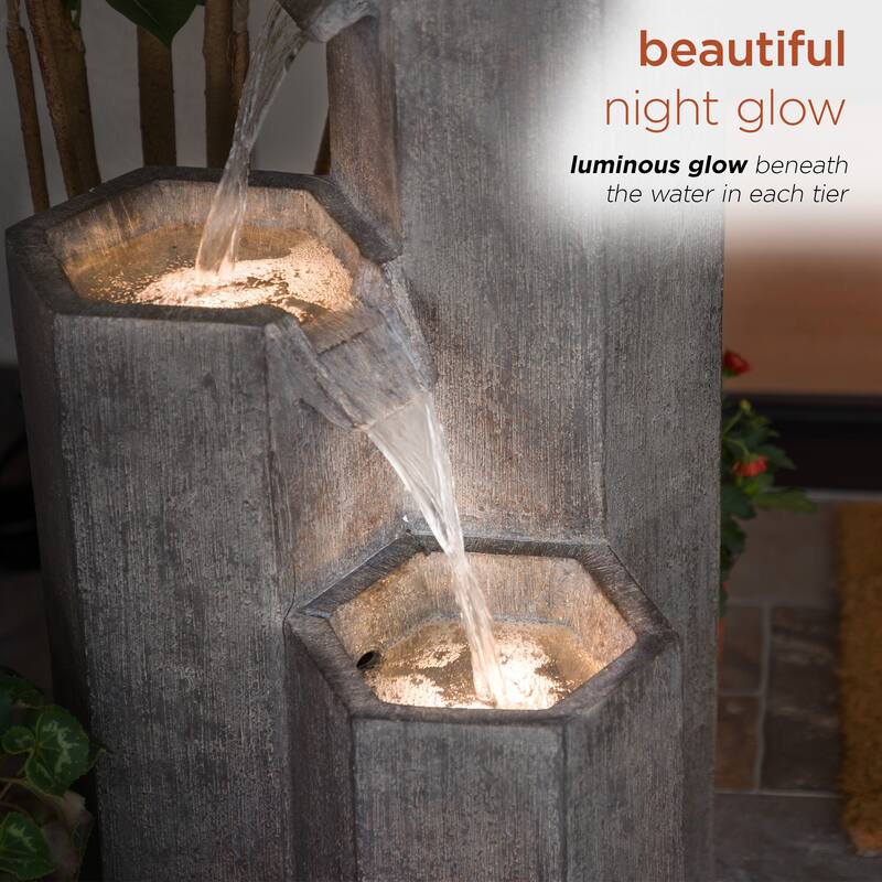Alpine Corporation 25" Tall Indoor/Outdoor 3-Tier Hexagonal Columns Fountain with LED Lights