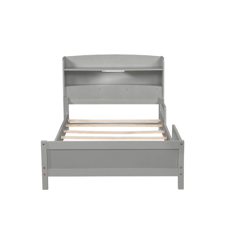 Twin Pine Wood Bed with Bookcase Headboard, LED Motion Sensor Light, Guardrails, Grey
