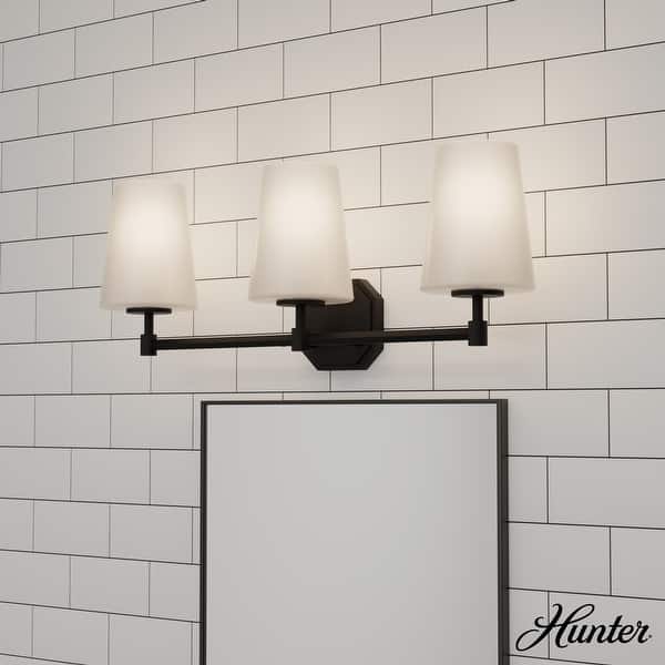slide 2 of 9, Hunter Nolita Vanity Wall Light - Bathroom - Contemporary, Transitional - White Glass Shades - Damp Rated! 24" - 3 Light - Matte Black