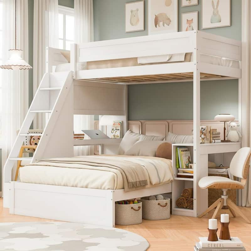 Twin XL Over Full Bunk Bed with Integrated Desk, USB Charging Station & Storage Staircase by Harper&Bright Designs
