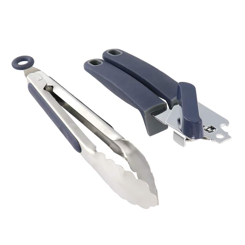 2 Piece Stainless Steel Can Opener and Tongs Set in Navy Blue - Blue