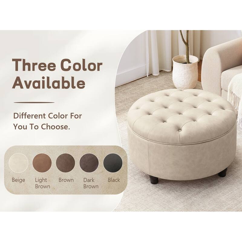 Tufted Round Storage Ottoman, Faux Leather