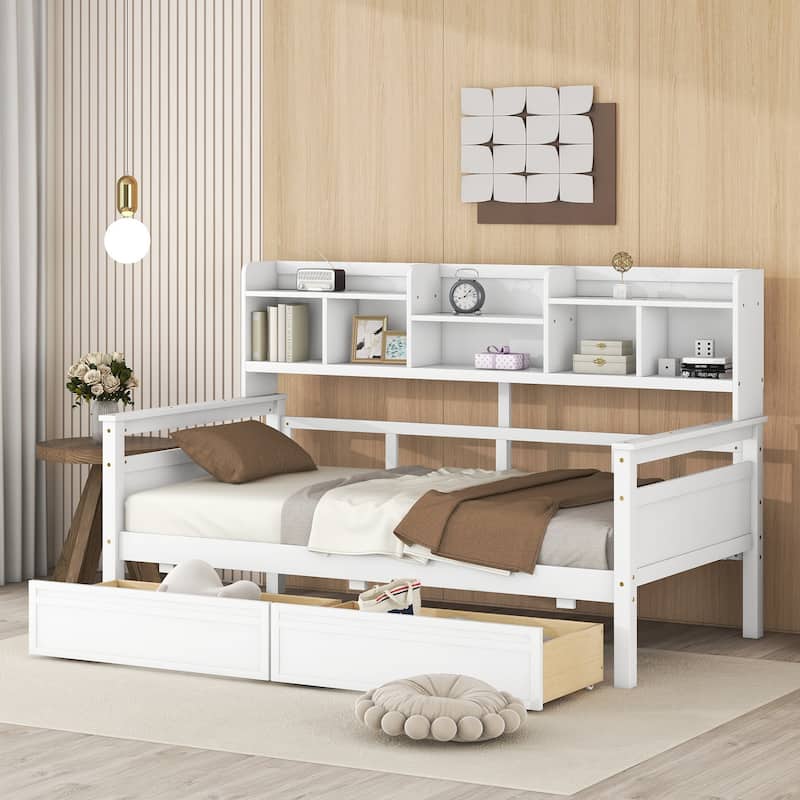 White Twin Daybed with Wood Slats, Shelves & 2 Drawers - Space-Saving Multi-Functional Furniture - White