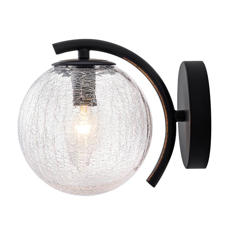 Modern Matte Black Metal Wall Sconce Round Clear Cracked Glass Shade