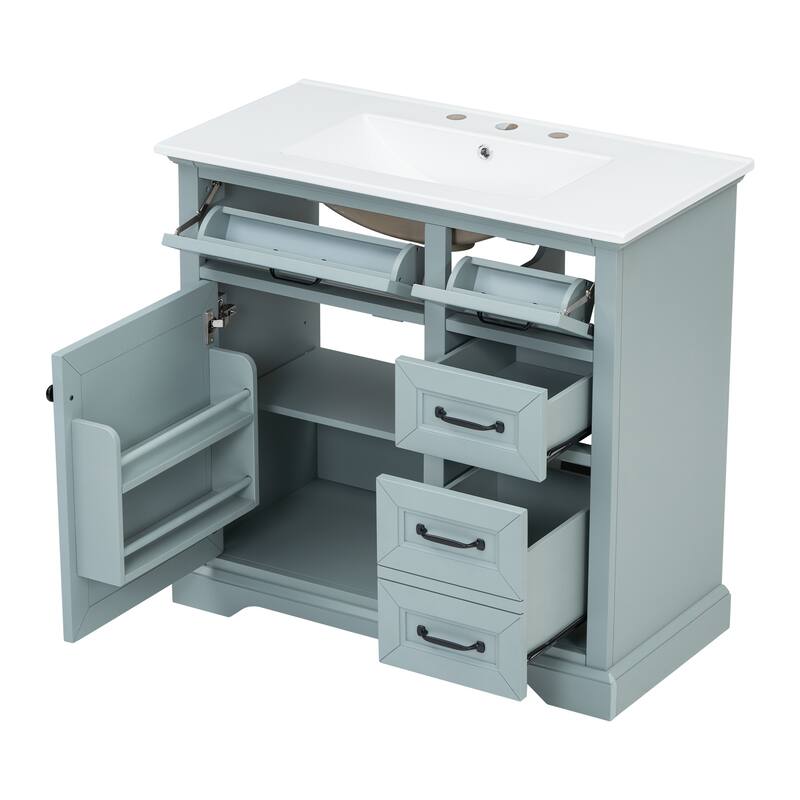 36'' Bathroom Vanity with Ceramic Sink, Solid Wood Frame Modern Storage Cabinet with Tip-Out Drawer & Soft Closing Doors