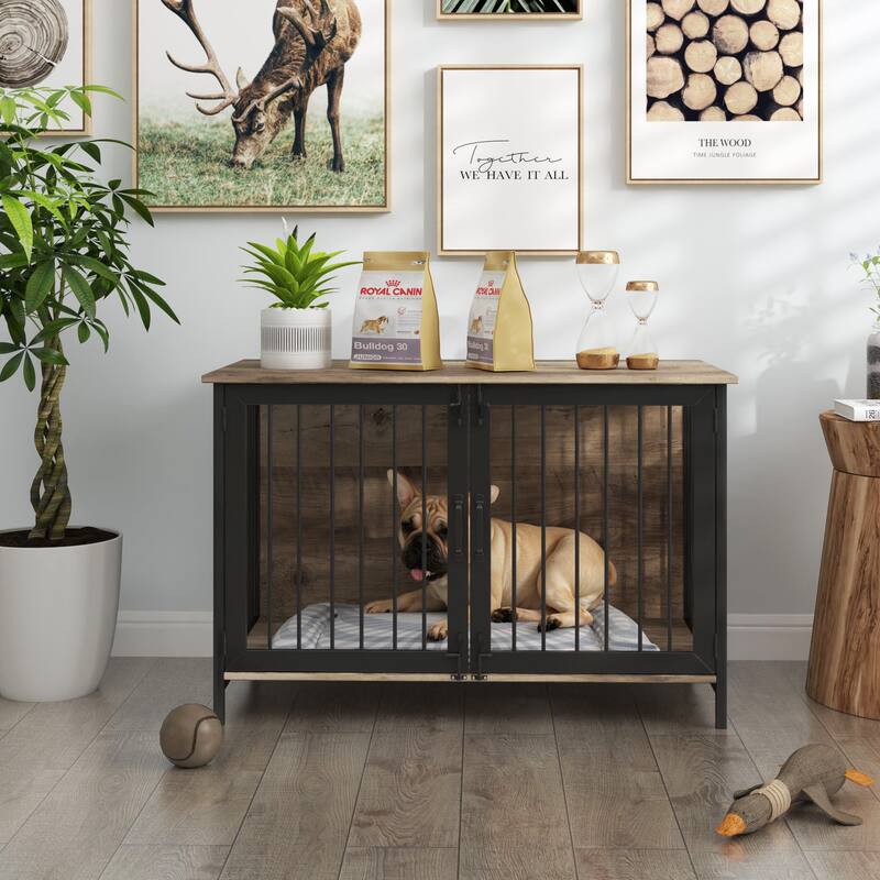 Wooden Dog Crate Furniture Large/Medium Dog,Dog Kennel Furniture Large Breed,Indoor Dog Cage Furniture Style with 2 Doors
