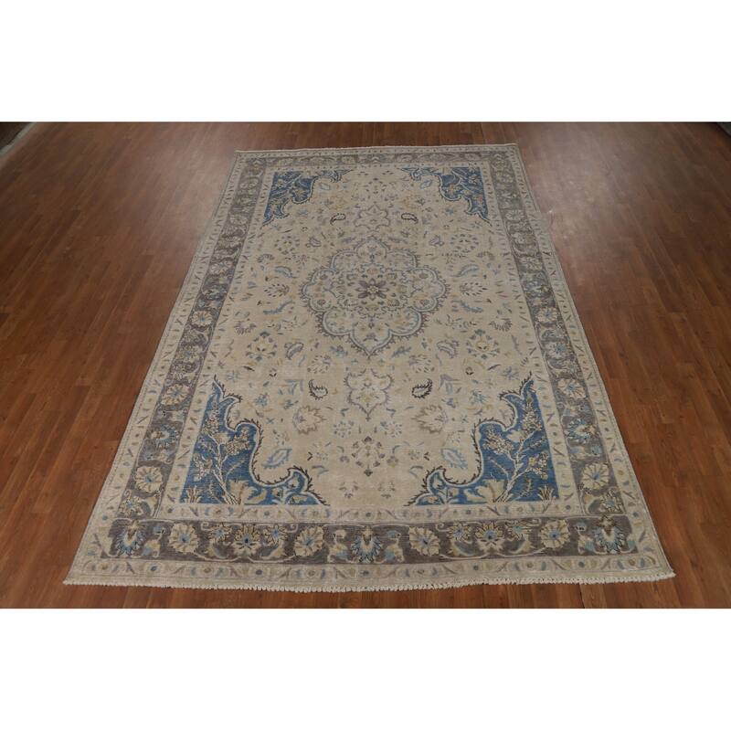 Traditional Floral Tabriz Persian Area Rug Handmade Beige Wool Carpet - 7'0"x 10'4"