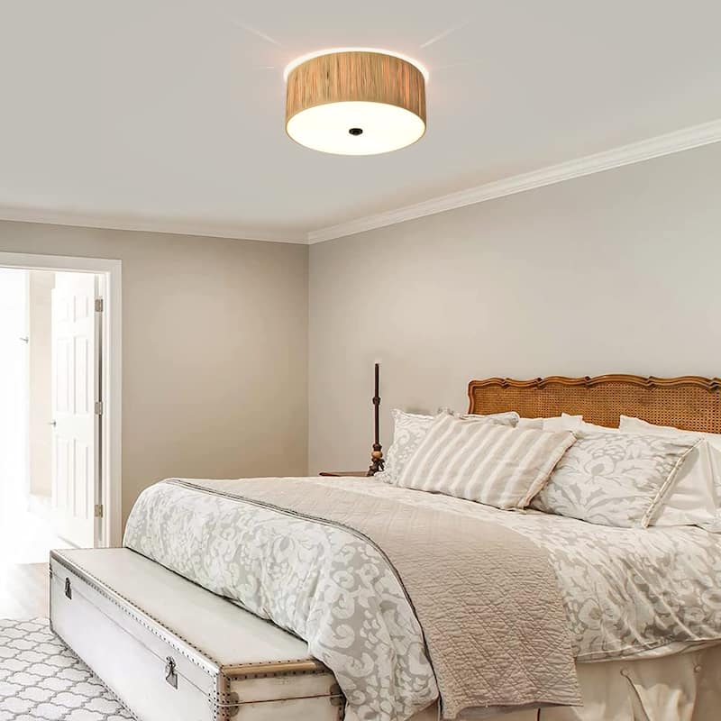 4-Light 16 in. Natural Farmhouse Flush Mount Ceiling Light with Raffia and Acrylic Shade