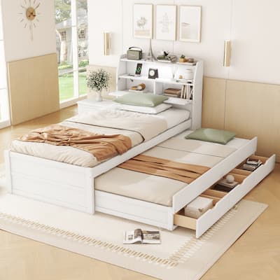 Twin/Full Size LED Platform Bed with Trundle and 3 Drawers Underneath, Wooden Storage Bed Frame w/ Headboard Storage & LED Light